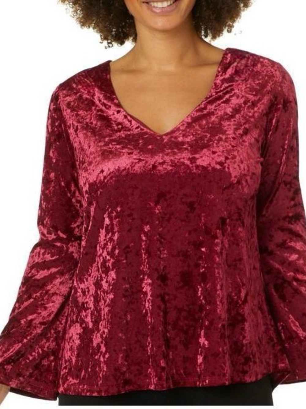 Crushed Velvet Flare Sleeve Top Cranberry V-neck Festive Fairy Whimsical Grunge